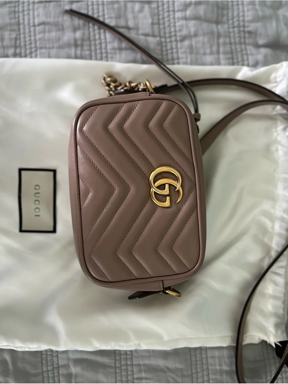 Gucci Leather Matelassé Mini Crossbody in Taupe Brown with matching wallet